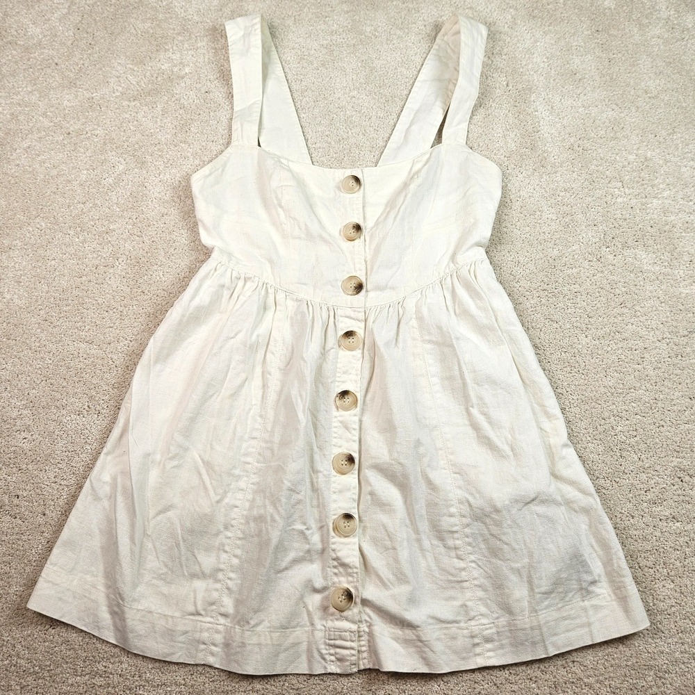 Boho Coastal Cottagecore Free People 6 Carolina White Linen ButtonUp Mini Dress